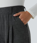High Waisted Pocket Wide Leg Houndstooth Plaid Casual Trousers — Charcoal Black Houndstooth Plaid — view 5