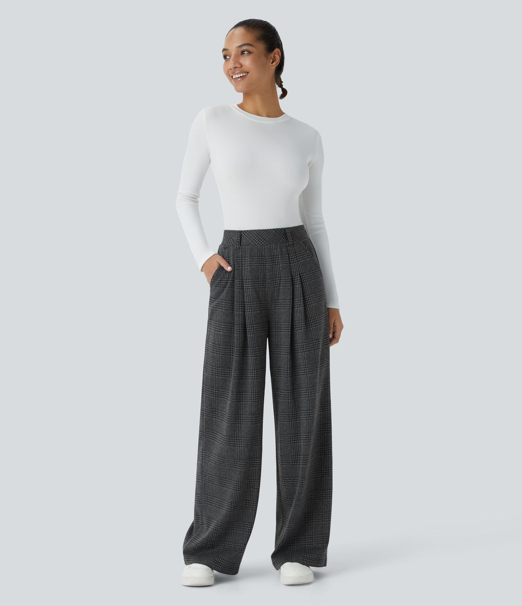 High Waisted Pocket Wide Leg Houndstooth Plaid Casual Trousers — Charcoal Black Houndstooth Plaid — view 4