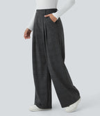 High Waisted Pocket Wide Leg Houndstooth Plaid Casual Trousers — Charcoal Black Houndstooth Plaid — view 3