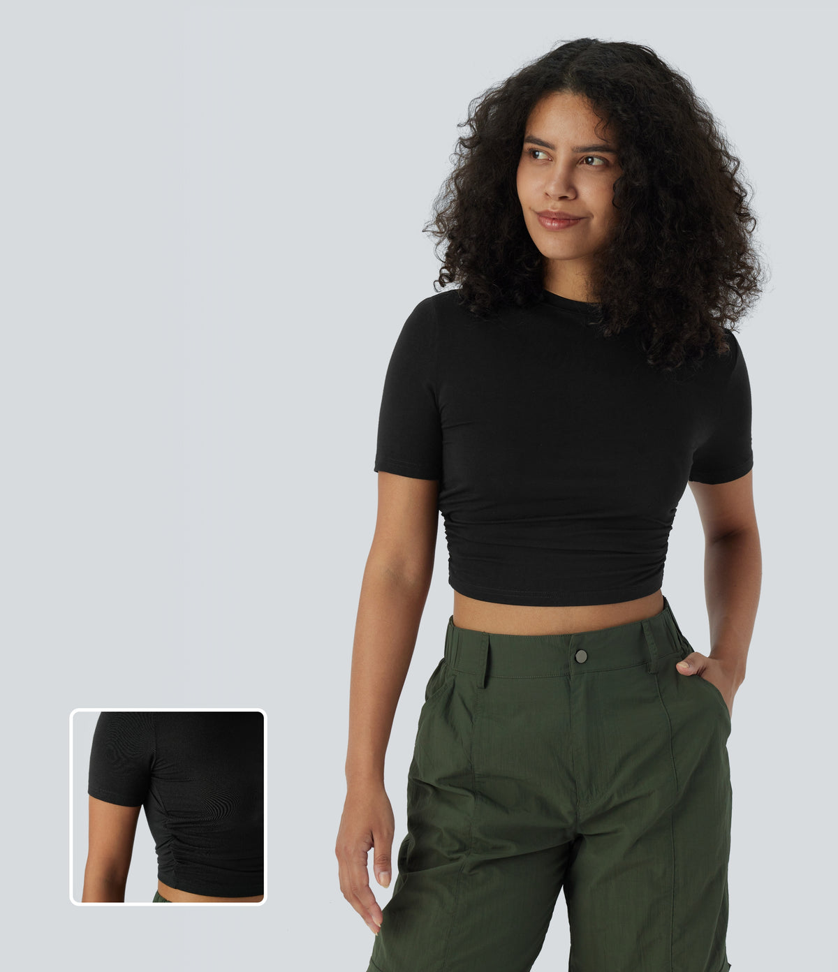 Round Neck Short Sleeve Ruched Skinny Cropped Casual T-Shirt — Black — view 1