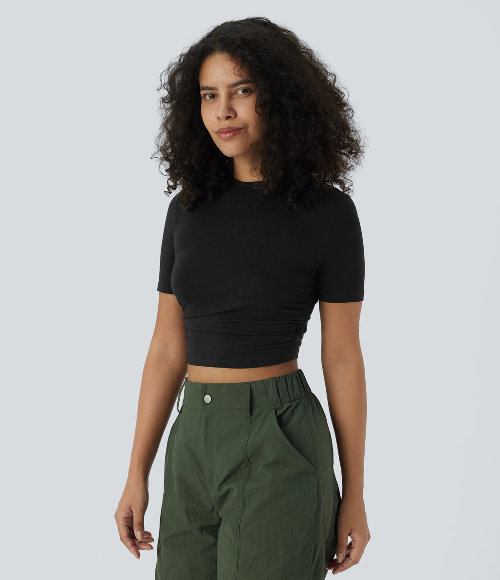 Round Neck Short Sleeve Ruched Skinny Cropped Casual T-Shirt — Black — view 3