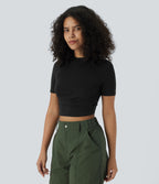 Round Neck Short Sleeve Ruched Skinny Cropped Casual T-Shirt — Black — view 3