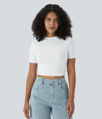Round Neck Short Sleeve Ruched Skinny Cropped Casual T-Shirt — White — view 6