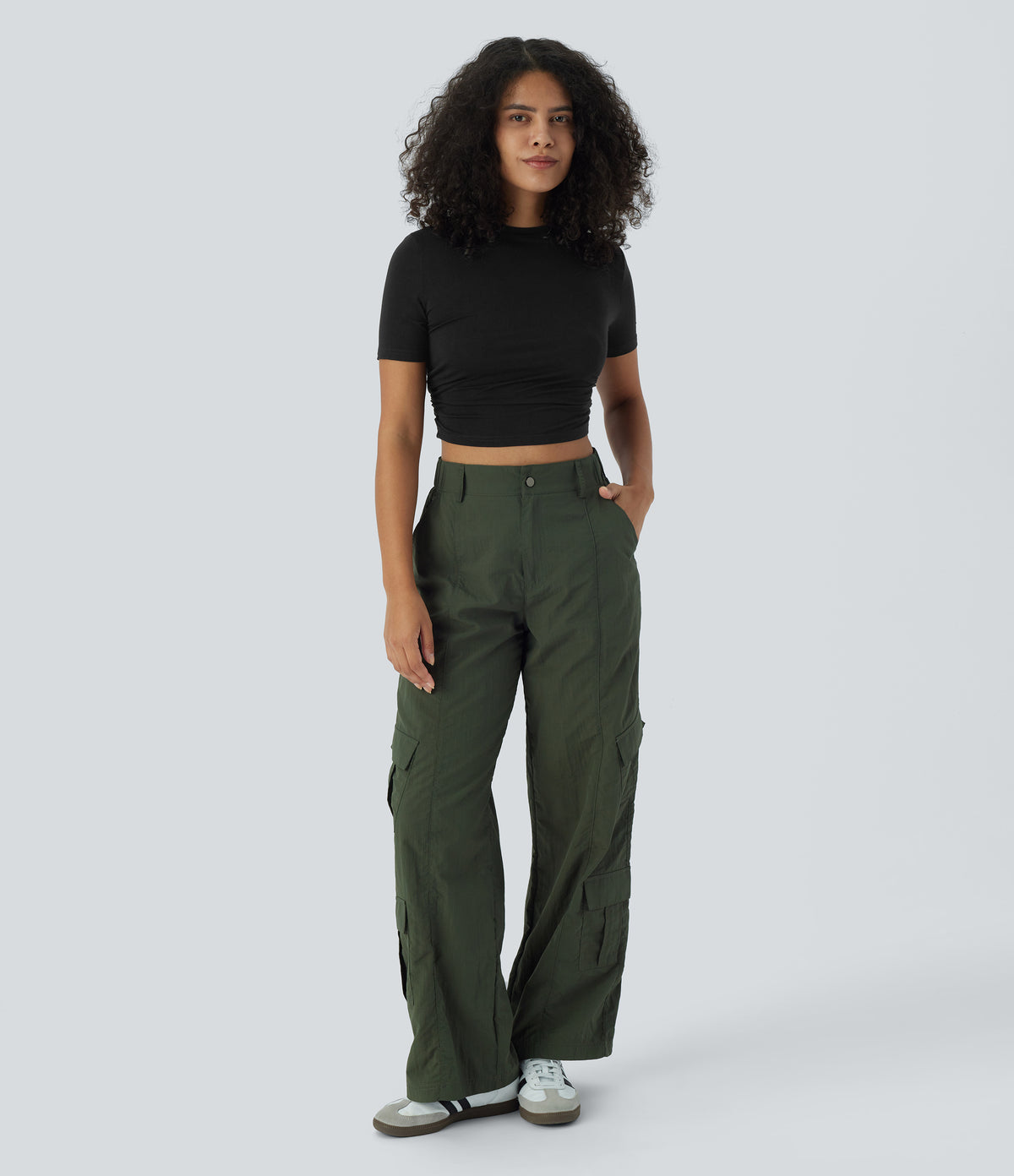 Round Neck Short Sleeve Ruched Skinny Cropped Casual T-Shirt — Black — view 5