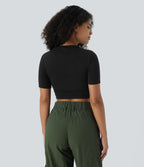 Round Neck Short Sleeve Ruched Skinny Cropped Casual T-Shirt — Black — view 2