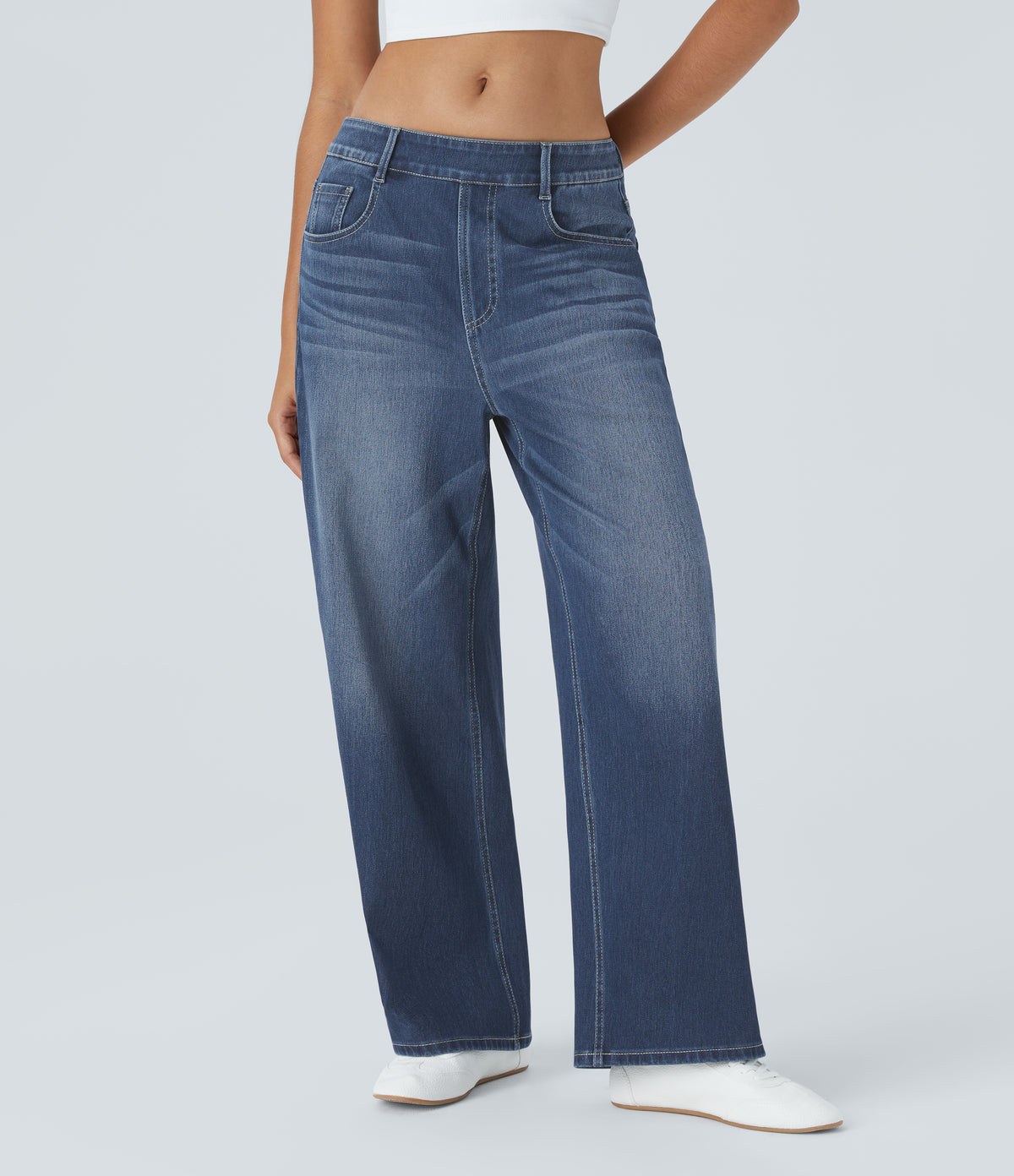 Mid Rise Pockets Washed Baggy Wide Leg Casual Jeans — Paint Blue Denim — view 7