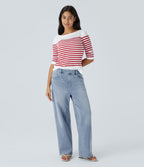 Mid Rise Pockets Washed Baggy Wide Leg Casual Jeans — Light Azure Denim — view 6