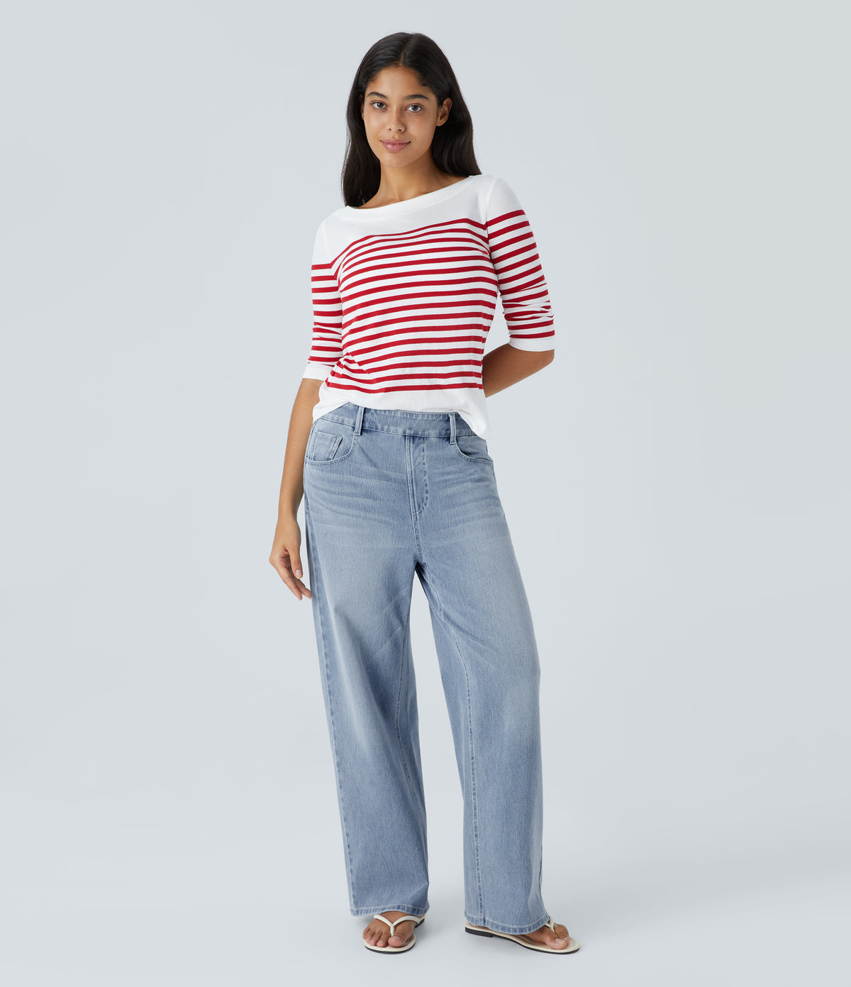 Mid Rise Pockets Washed Baggy Wide Leg Casual Jeans — Light Azure Denim — view 6