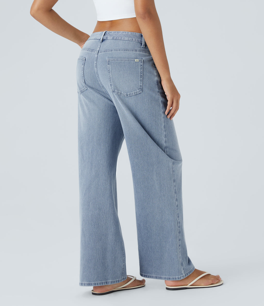 Mid Rise Pockets Washed Baggy Wide Leg Casual Jeans — Light Azure Denim — view 2