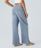 Mid Rise Pockets Washed Baggy Wide Leg Casual Jeans — Light Azure Denim — view 2