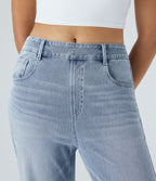 Mid Rise Pockets Washed Baggy Wide Leg Casual Jeans — Light Azure Denim — view 4