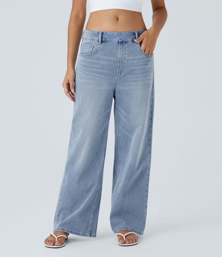 Mid Rise Pockets Washed Baggy Wide Leg Casual Jeans — Light Azure Denim — view 1