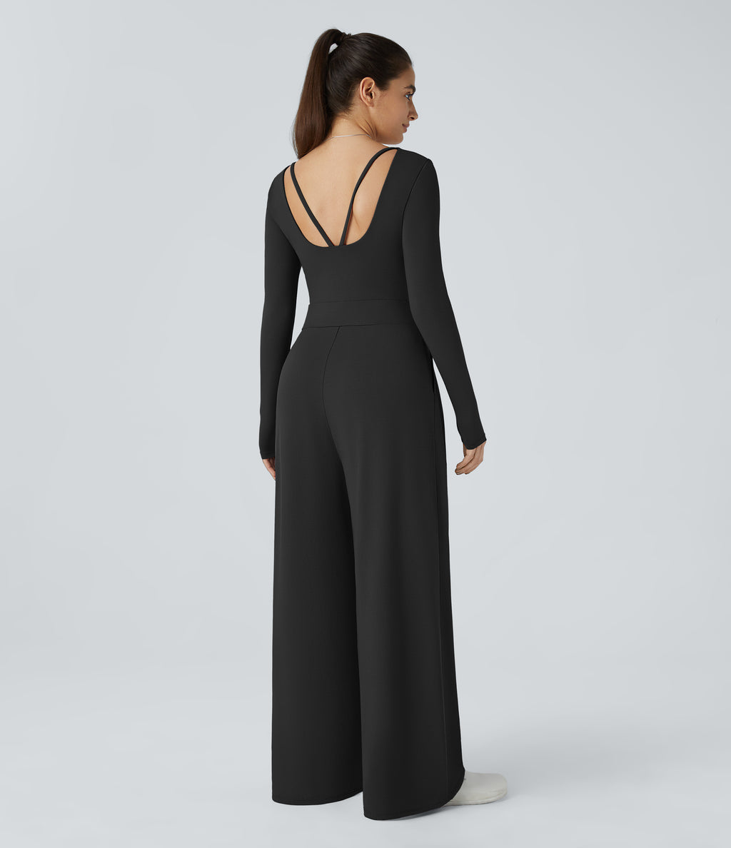 V Neck Long Sleeve Pocket Wide Leg Casual Jumpsuit — Black — view 2