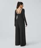 V Neck Long Sleeve Pocket Wide Leg Casual Jumpsuit — Black — view 2