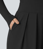 V Neck Long Sleeve Pocket Wide Leg Casual Jumpsuit — Black — view 6