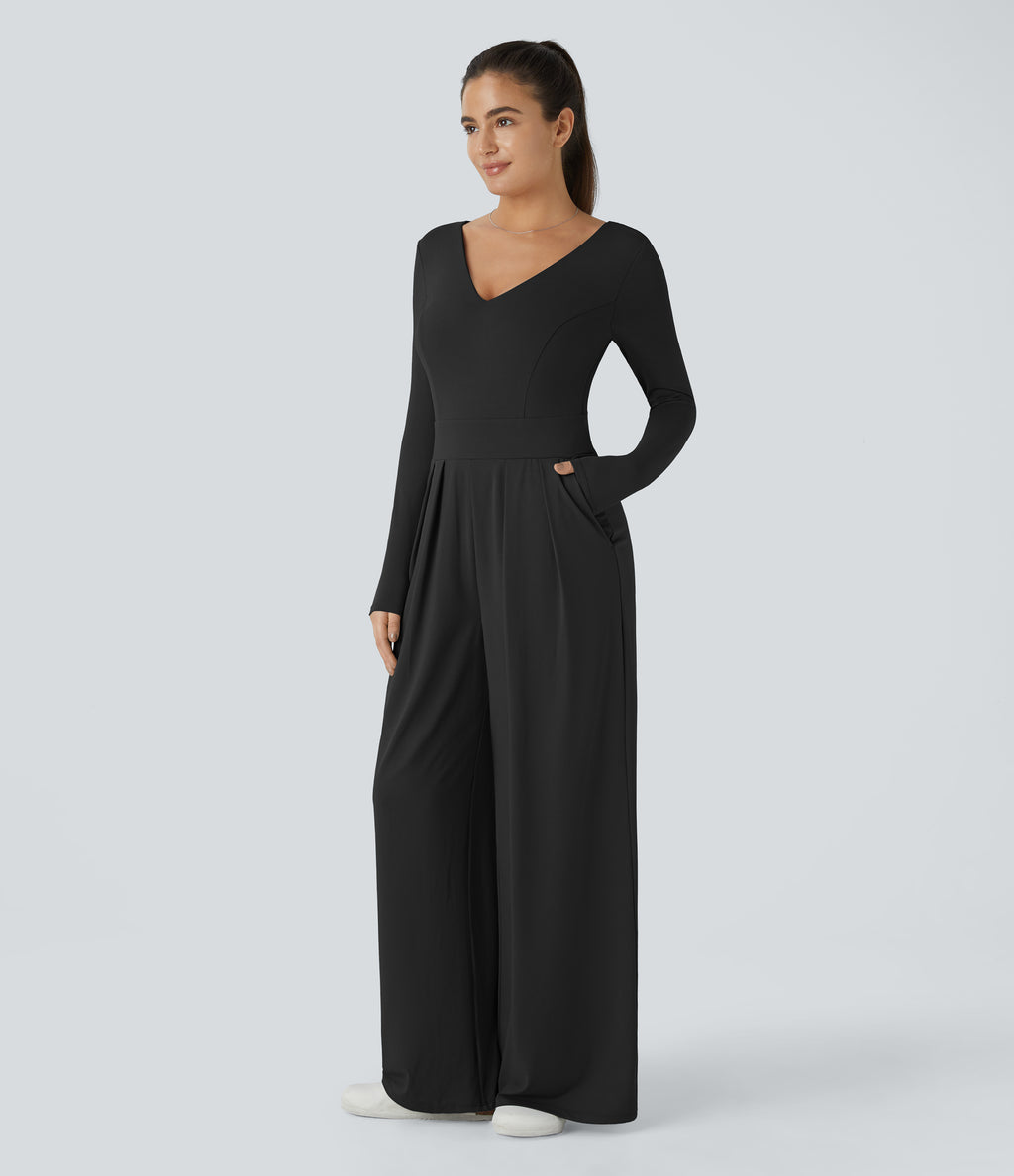 V Neck Long Sleeve Pocket Wide Leg Casual Jumpsuit — Black — view 3