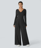 V Neck Long Sleeve Pocket Wide Leg Casual Jumpsuit — Black — view 1