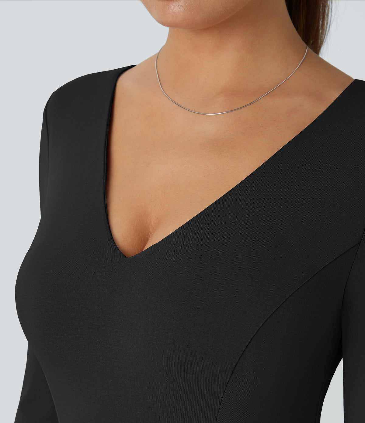 V Neck Long Sleeve Pocket Wide Leg Casual Jumpsuit — Black — view 4