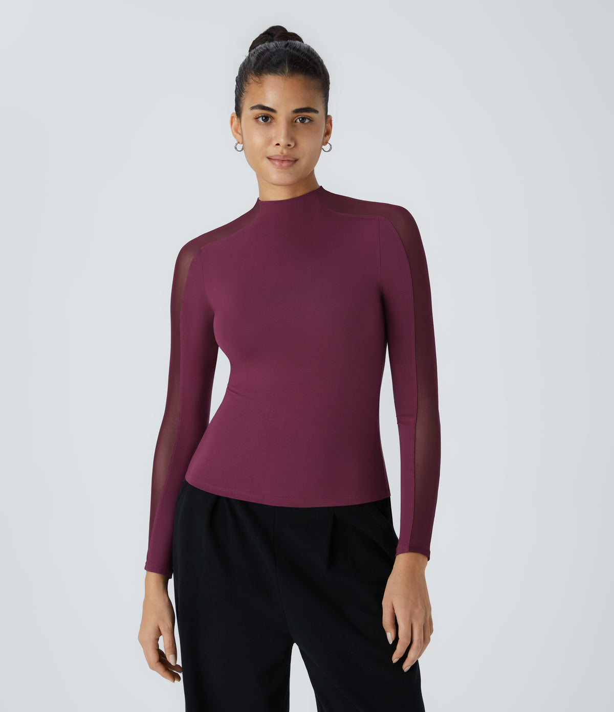 Stand Collar Raglan Long Sleeve Contrast Mesh Skinny Work Top — Purple Potion — view 6
