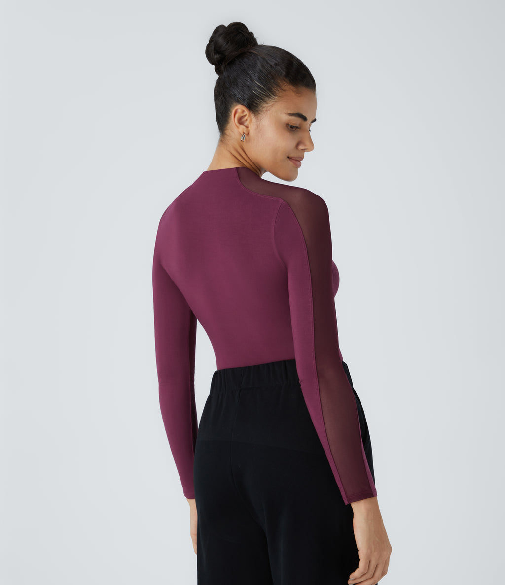 Stand Collar Raglan Long Sleeve Contrast Mesh Skinny Work Top — Purple Potion — view 2
