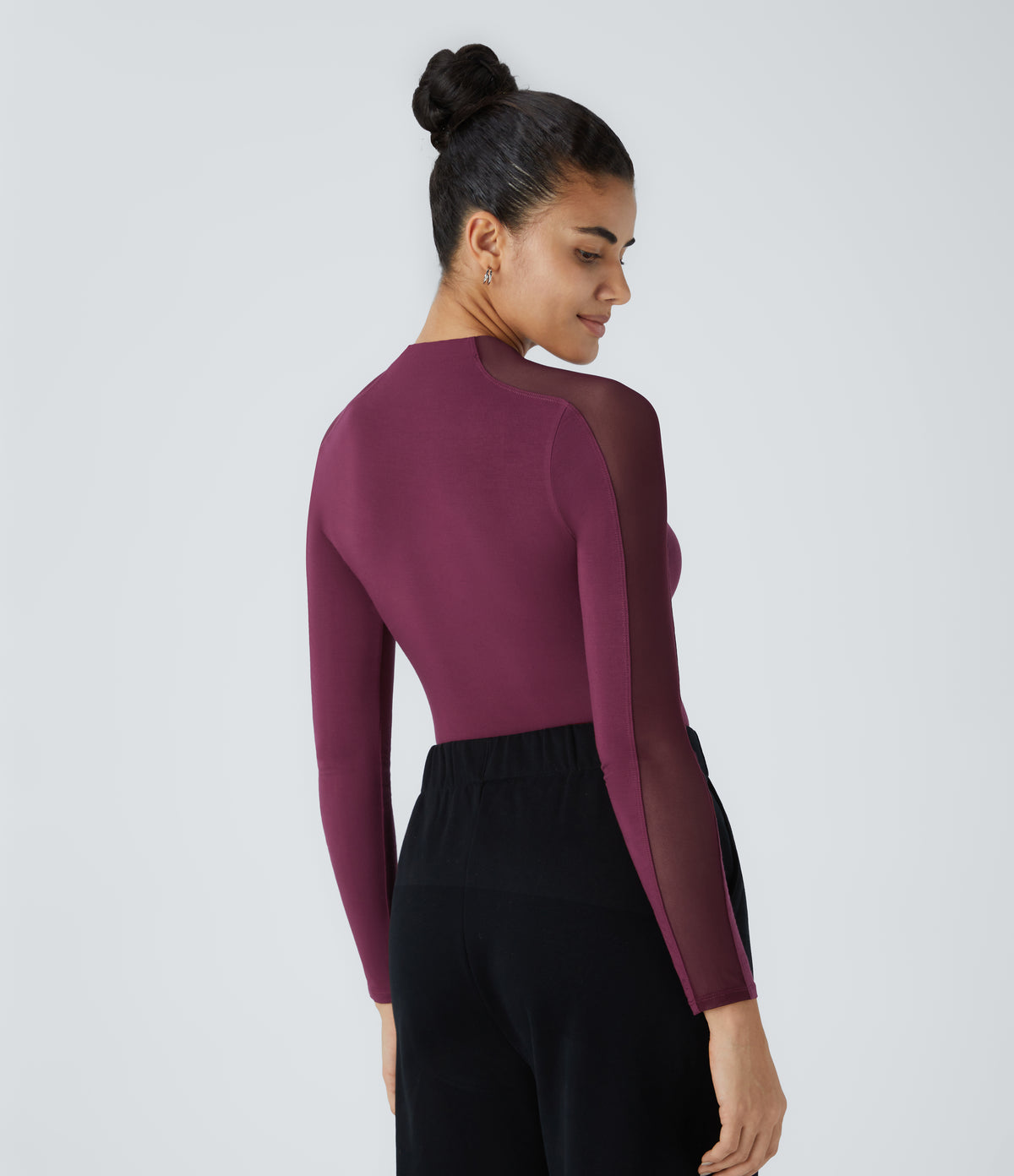 Stand Collar Raglan Long Sleeve Contrast Mesh Skinny Work Top — Purple Potion — view 2