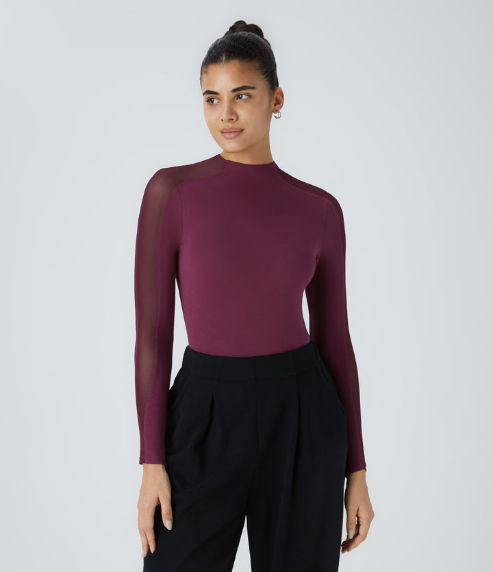 Stand Collar Raglan Long Sleeve Contrast Mesh Skinny Work Top — Purple Potion — view 1