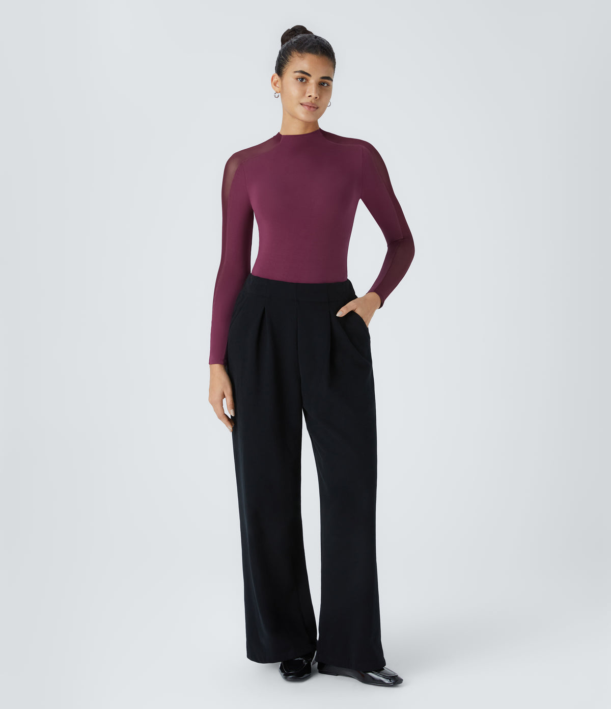 Stand Collar Raglan Long Sleeve Contrast Mesh Skinny Work Top — Purple Potion — view 7