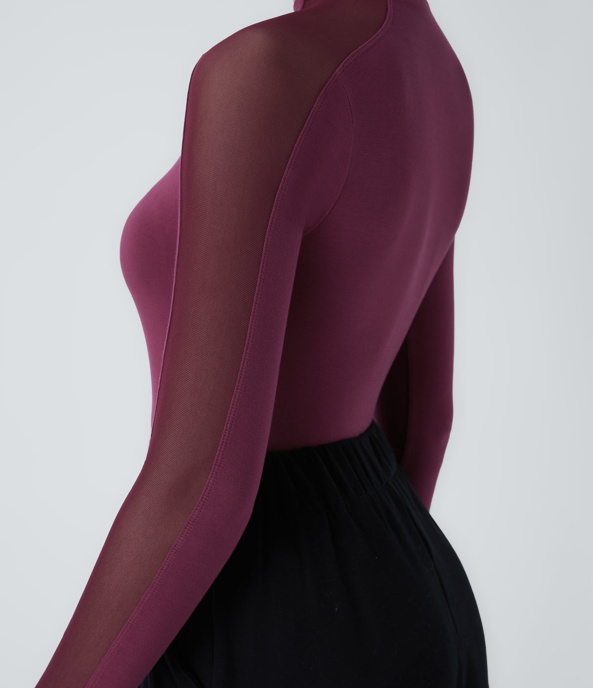 Stand Collar Raglan Long Sleeve Contrast Mesh Skinny Work Top — Purple Potion — view 5