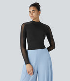 Stand Collar Raglan Long Sleeve Contrast Mesh Skinny Work Top — Black — view 8
