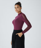 Stand Collar Raglan Long Sleeve Contrast Mesh Skinny Work Top — Purple Potion — view 3