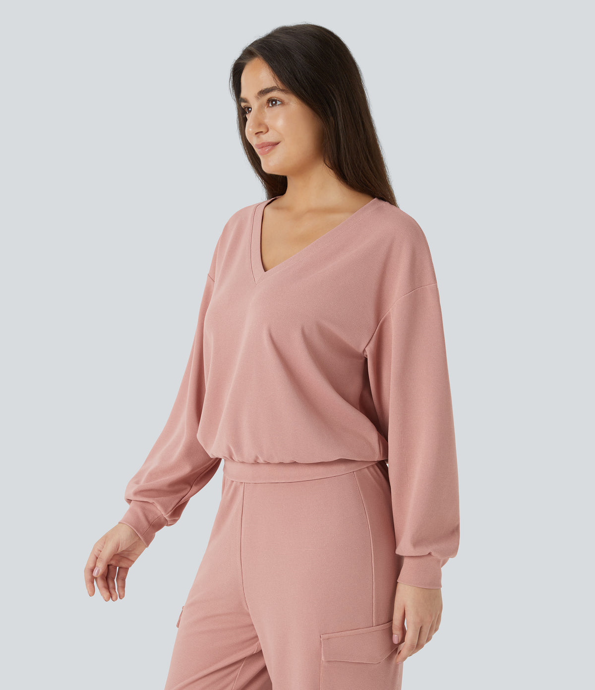 V Neck Dropped Shoulder Long Sleeve Waffle Casual Sweatshirt — Peach Beige — view 3