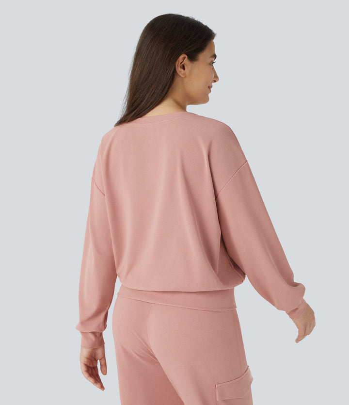 V Neck Dropped Shoulder Long Sleeve Waffle Casual Sweatshirt — Peach Beige — view 2
