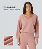 V Neck Dropped Shoulder Long Sleeve Waffle Casual Sweatshirt — Peach Beige — view 1