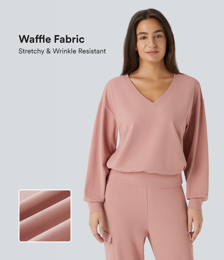 V Neck Dropped Shoulder Long Sleeve Waffle Casual Sweatshirt — Peach Beige — view 1