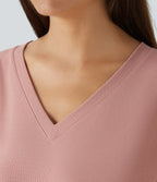 V Neck Dropped Shoulder Long Sleeve Waffle Casual Sweatshirt — Peach Beige — view 4