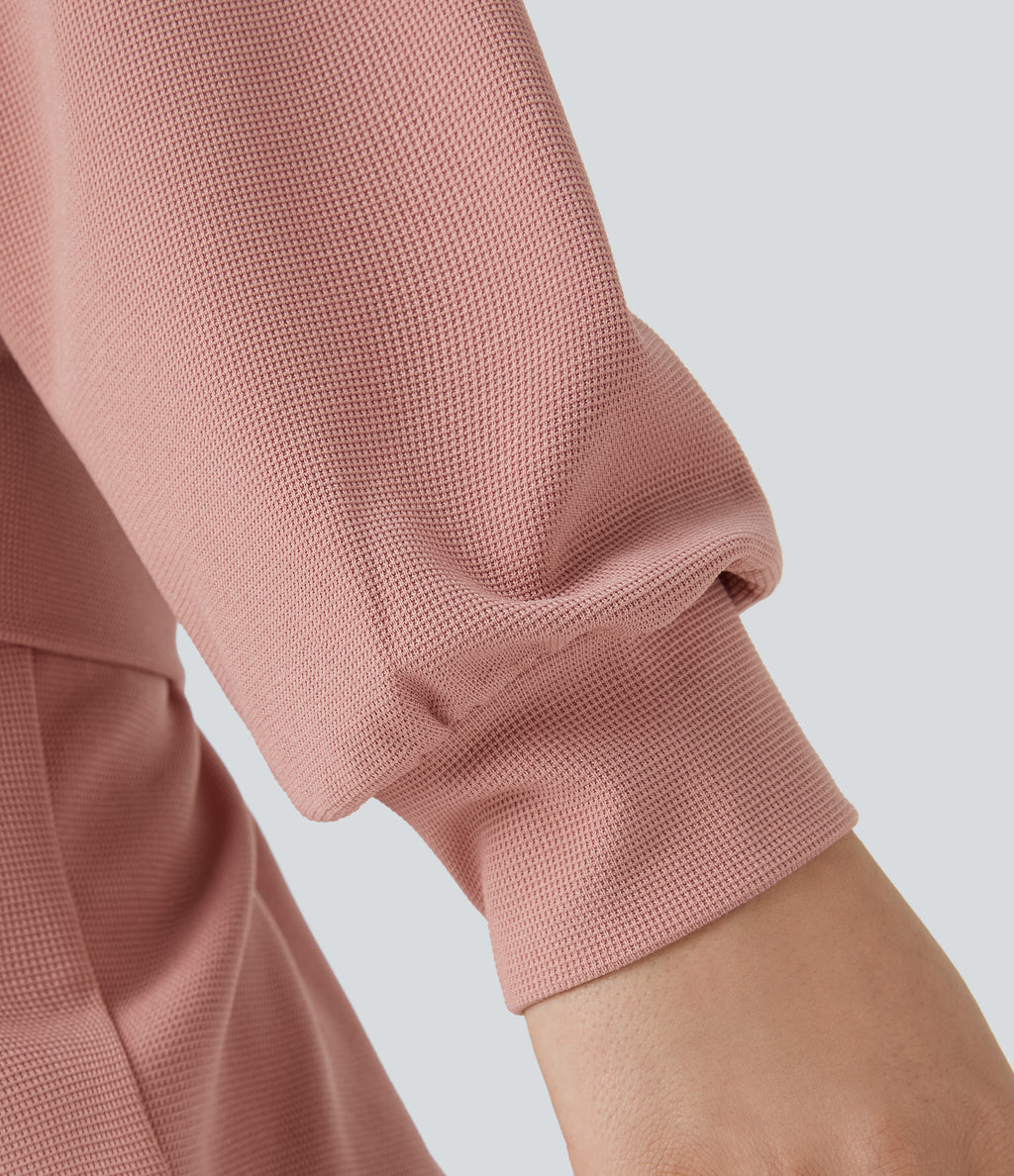 V Neck Dropped Shoulder Long Sleeve Waffle Casual Sweatshirt — Peach Beige — view 5