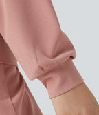 V Neck Dropped Shoulder Long Sleeve Waffle Casual Sweatshirt — Peach Beige — view 5
