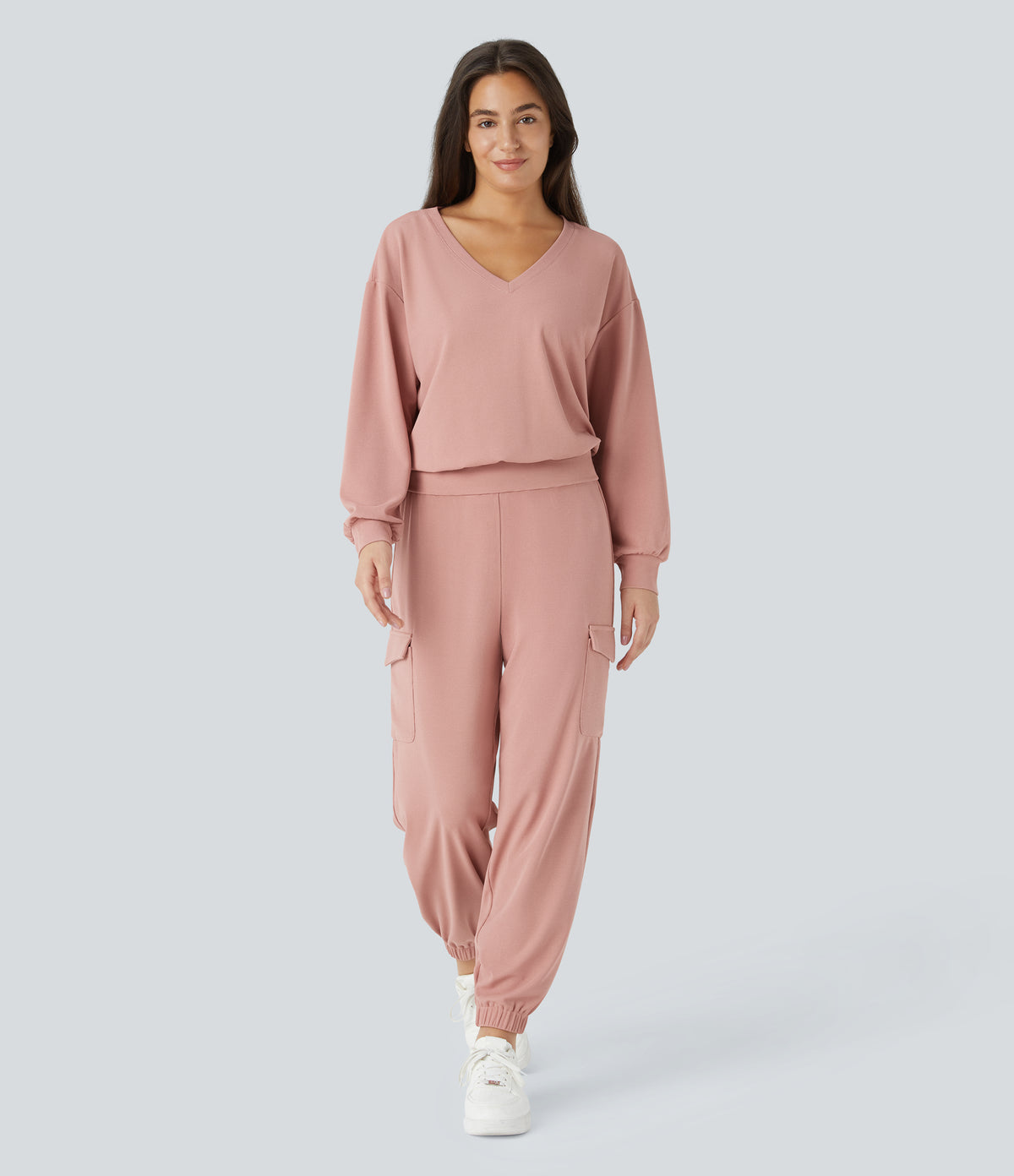 V Neck Dropped Shoulder Long Sleeve Waffle Casual Sweatshirt — Peach Beige — view 7