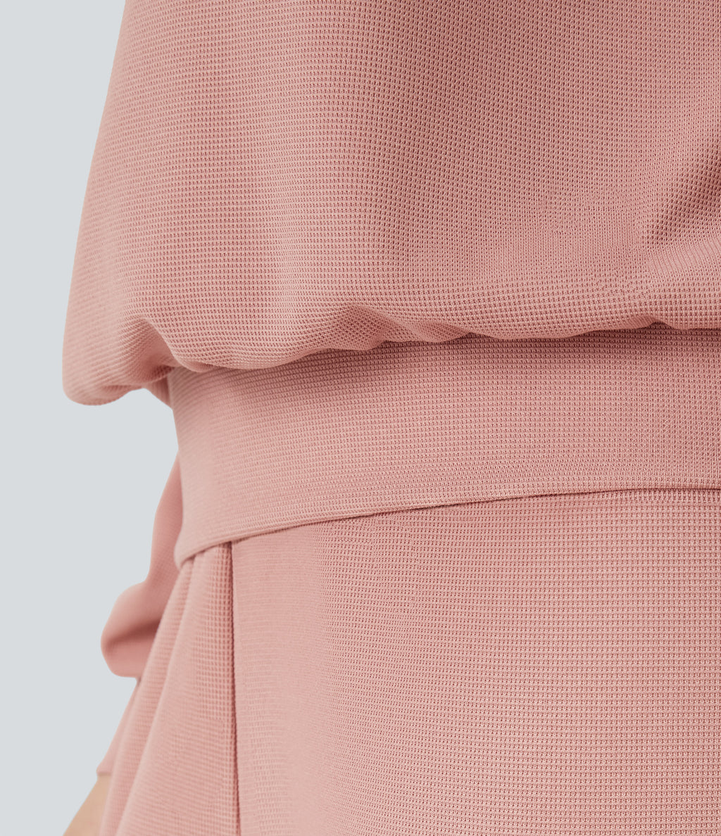 V Neck Dropped Shoulder Long Sleeve Waffle Casual Sweatshirt — Peach Beige — view 6