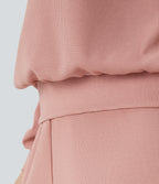 V Neck Dropped Shoulder Long Sleeve Waffle Casual Sweatshirt — Peach Beige — view 6