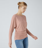 Boat Neck Long Sleeve Ruched Casual Top — Misty Rose — view 3