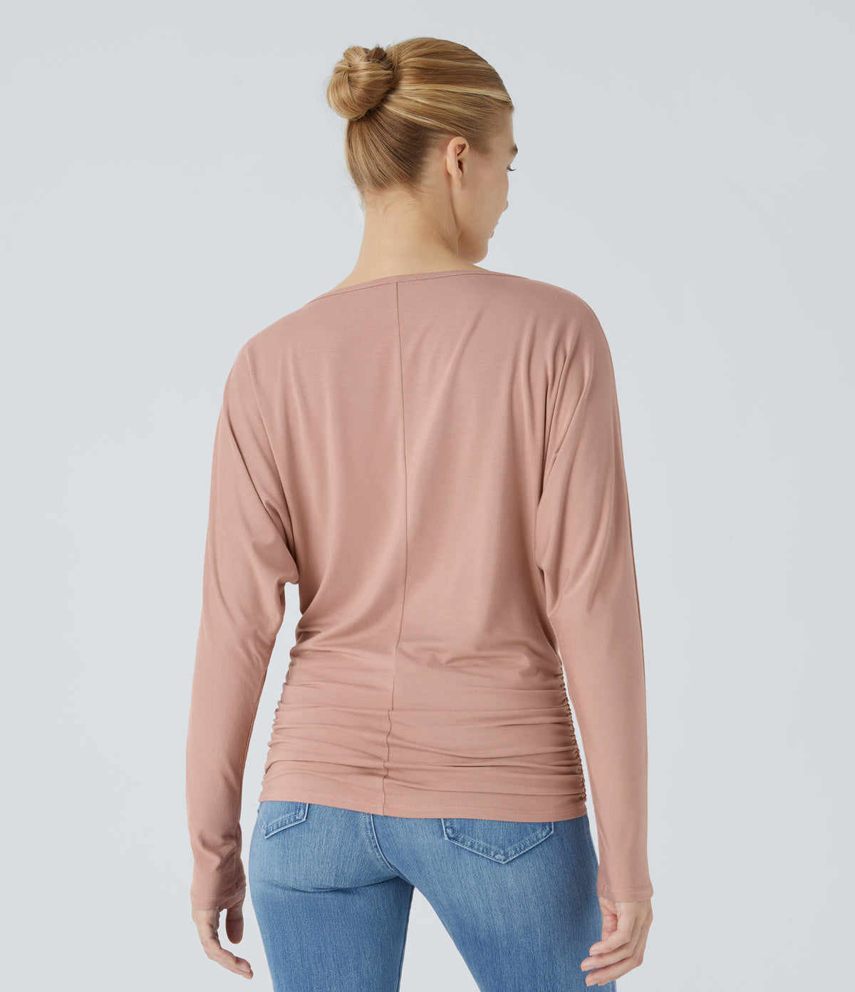 Boat Neck Long Sleeve Ruched Casual Top — Misty Rose — view 2