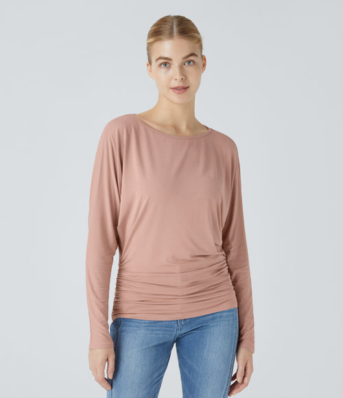 Boat Neck Long Sleeve Ruched Casual Top — Misty Rose — view 1