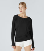 Boat Neck Long Sleeve Ruched Casual Top — Black — view 7