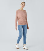 Boat Neck Long Sleeve Ruched Casual Top — Misty Rose — view 6