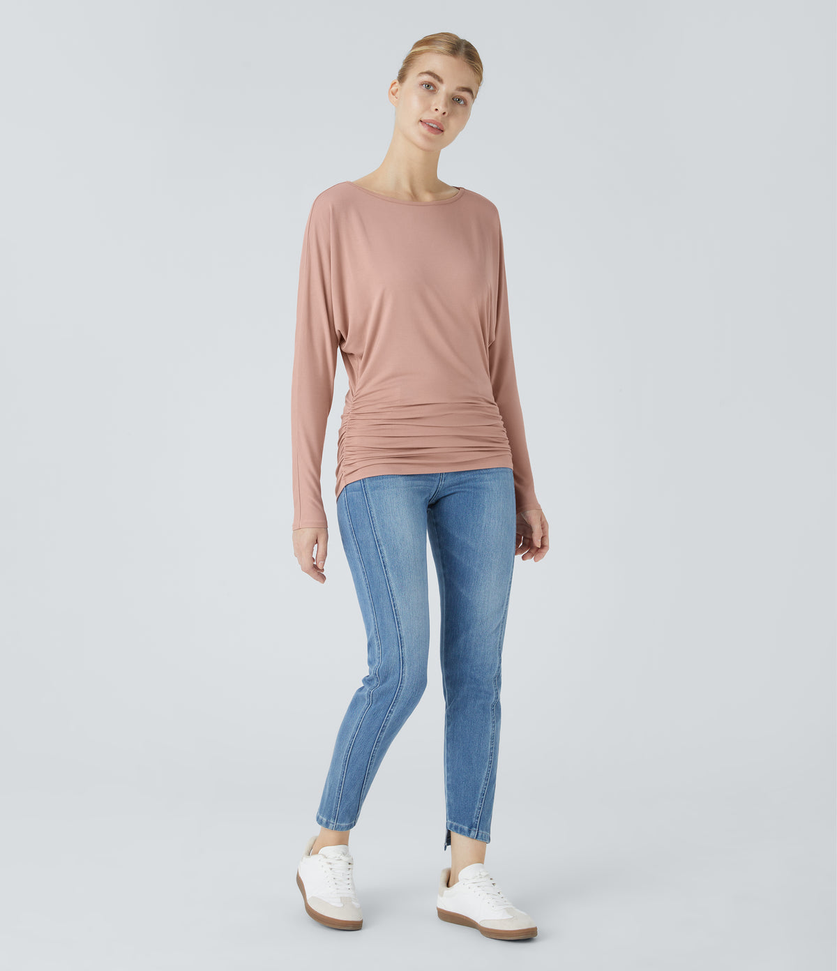 Boat Neck Long Sleeve Ruched Casual Top — Misty Rose — view 6