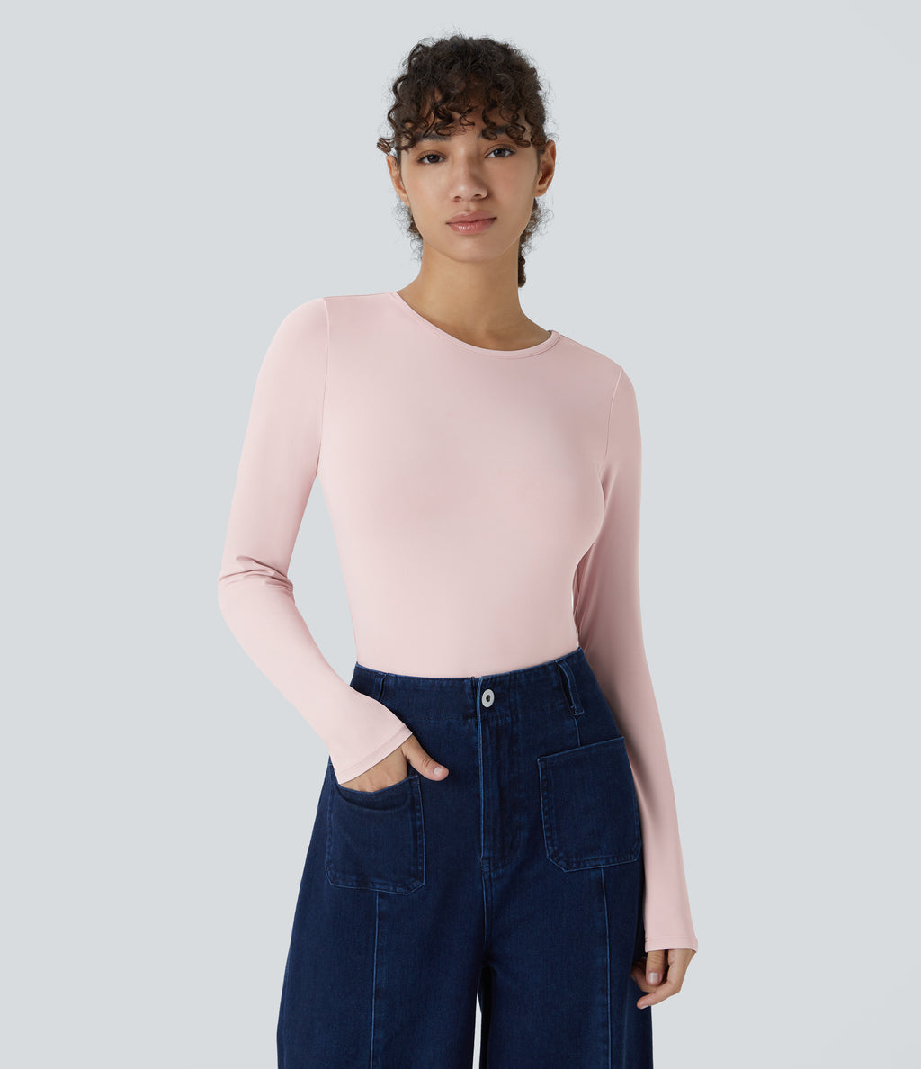 Round Neck Long Sleeve Button Casual Bodysuit — Pale Lilac — view 2