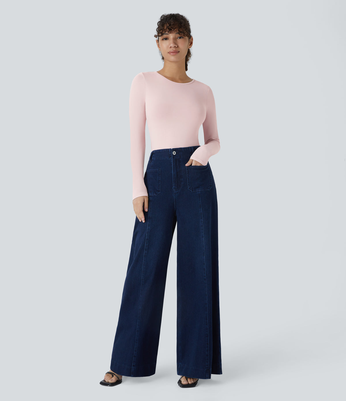 Round Neck Long Sleeve Button Casual Bodysuit — Pale Lilac — view 6