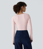 Round Neck Long Sleeve Button Casual Bodysuit — Pale Lilac — view 3