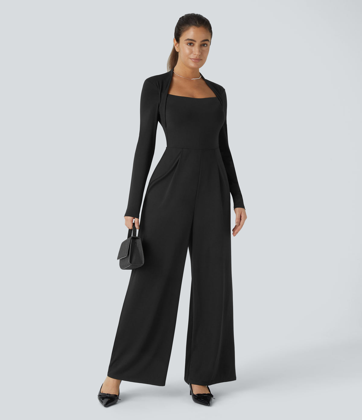 Long Sleeve Wide Leg Party Jumpsuit — Black — view 6